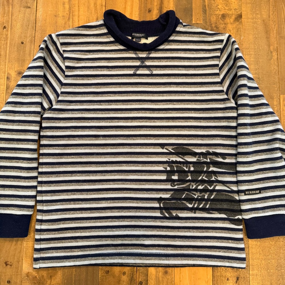Burberry London Striped Long Sleeve Top Navy Grey EKD Logo 140A